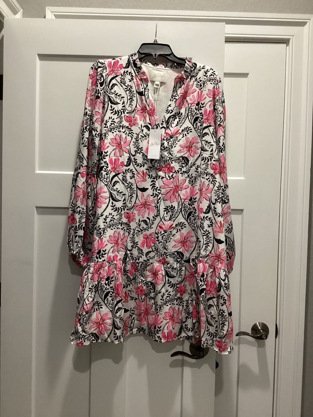 Women's Lily Pulitzer Pink Floral Ruffle Hem Dress - White Background